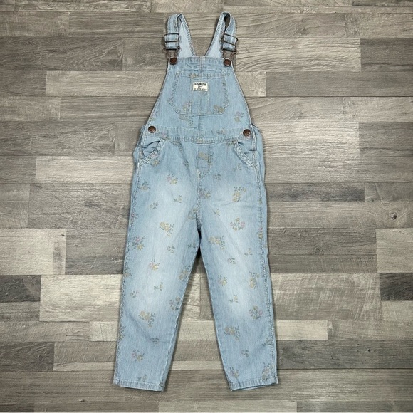 Oshkosh B'gosh Girls Floral Denim Hickory Stripe Overalls - Picture 1 of 6